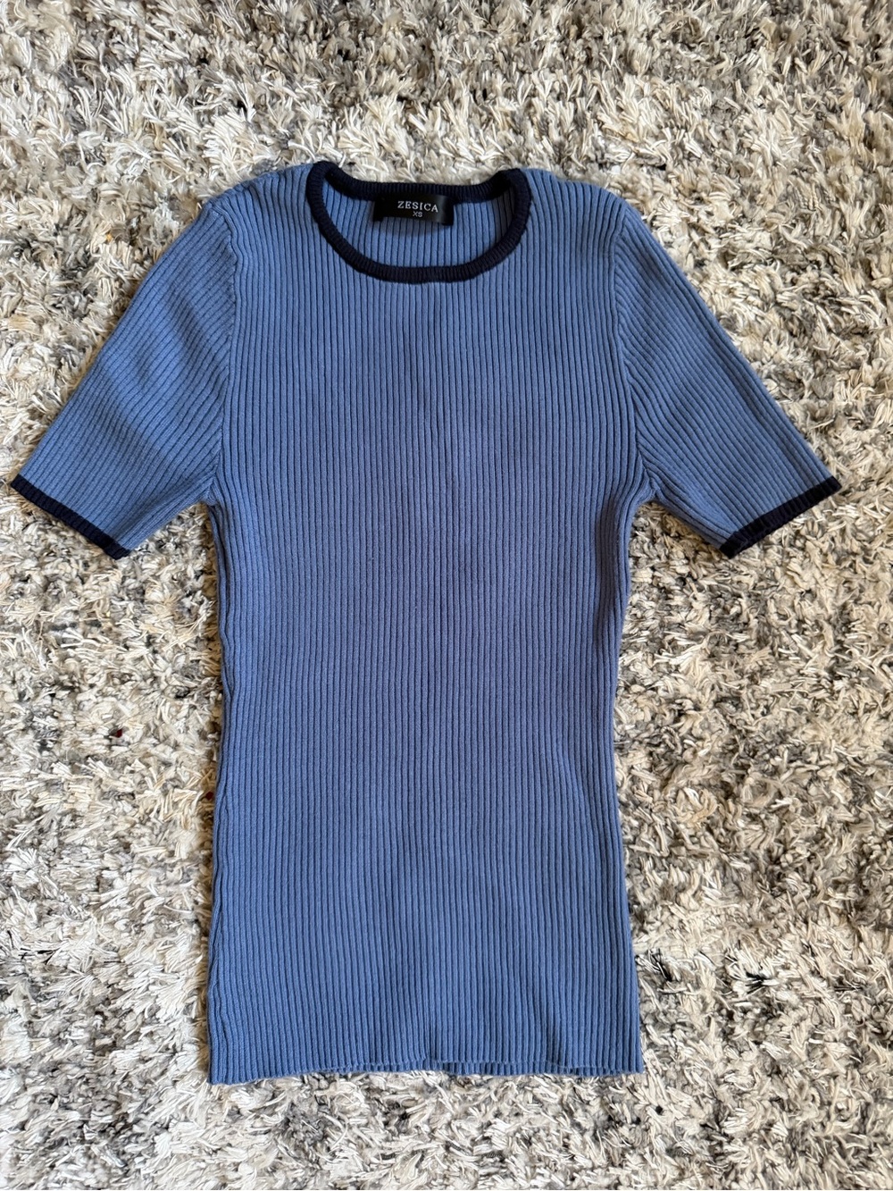 Zesica Blue Ribbed Short Sleeve Top with Black Trim